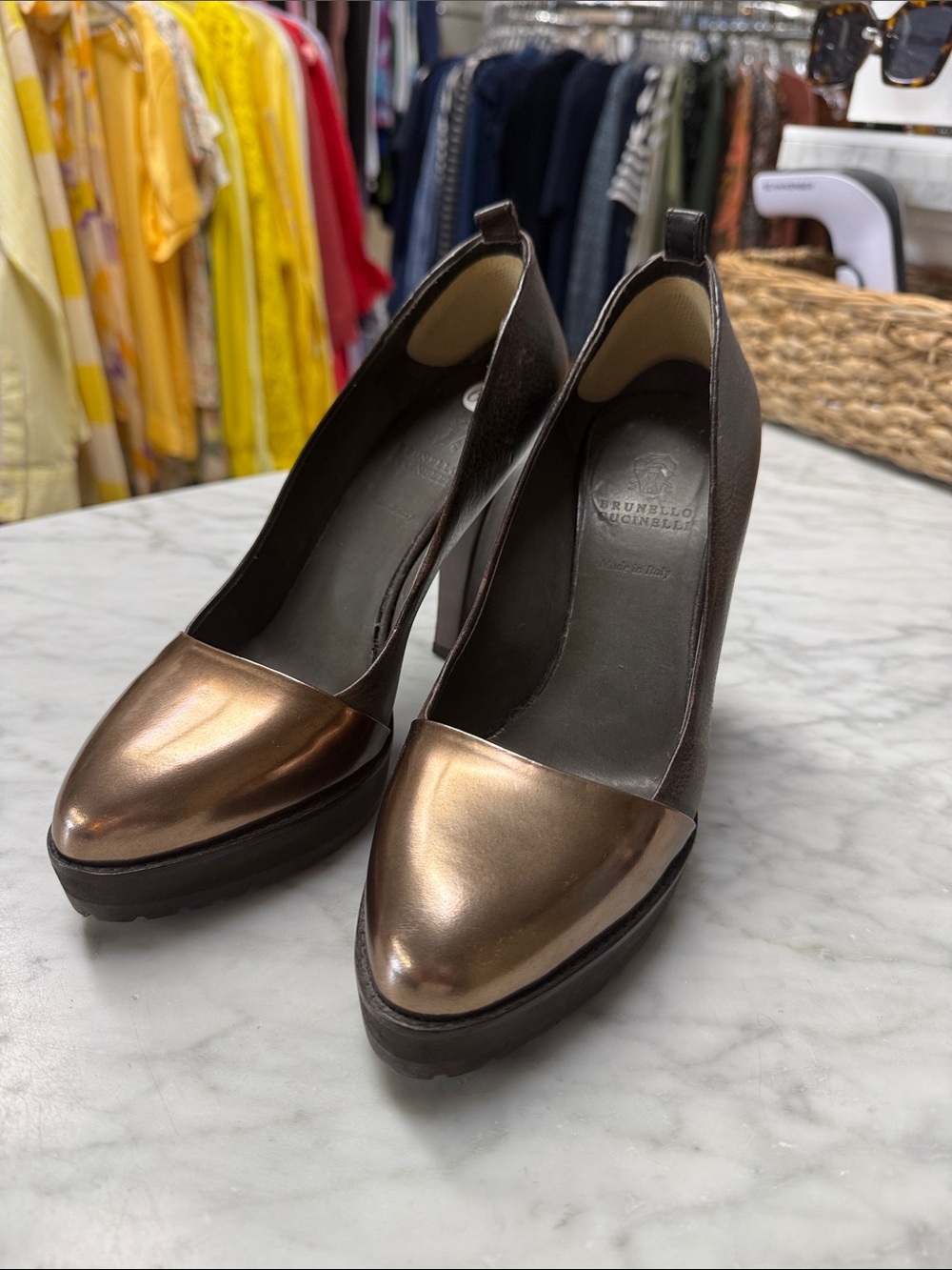 Brunello Cucinelli Brown Leather Broze Toe Cap Platform Heel Size 37.5